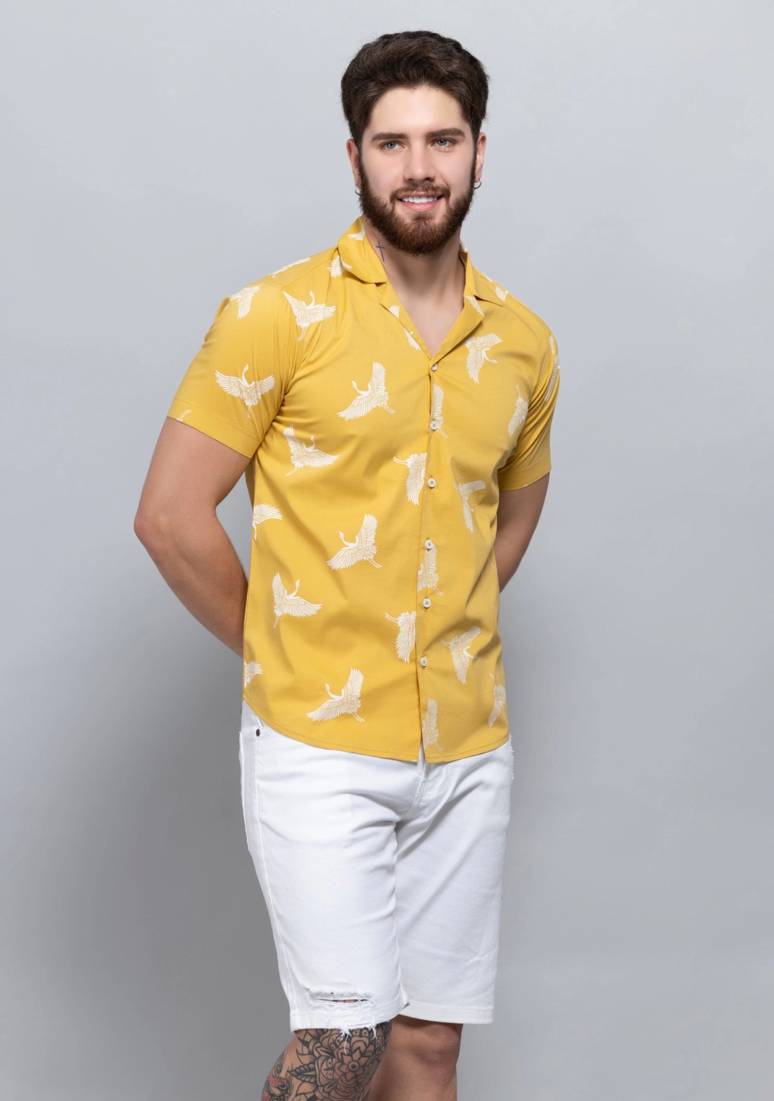 Yellow Print Cuban Collar Slim Fit Men's Shirt