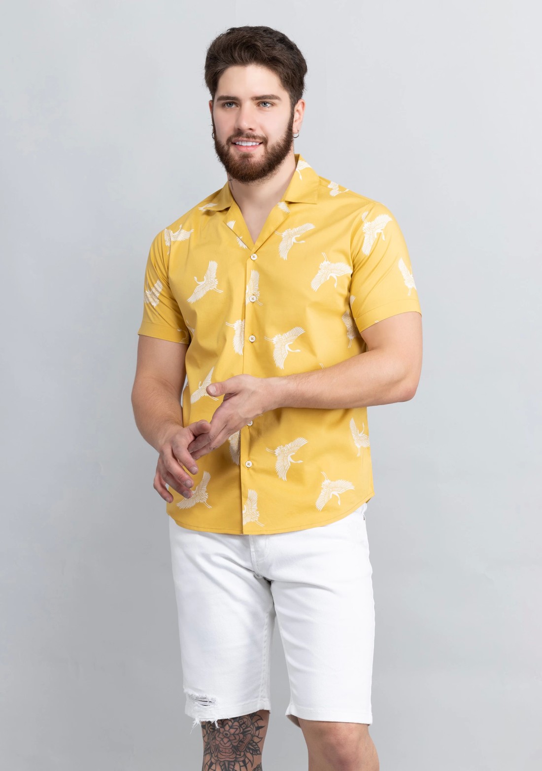 Yellow Print Cuban Collar Slim Fit Men's Shirt