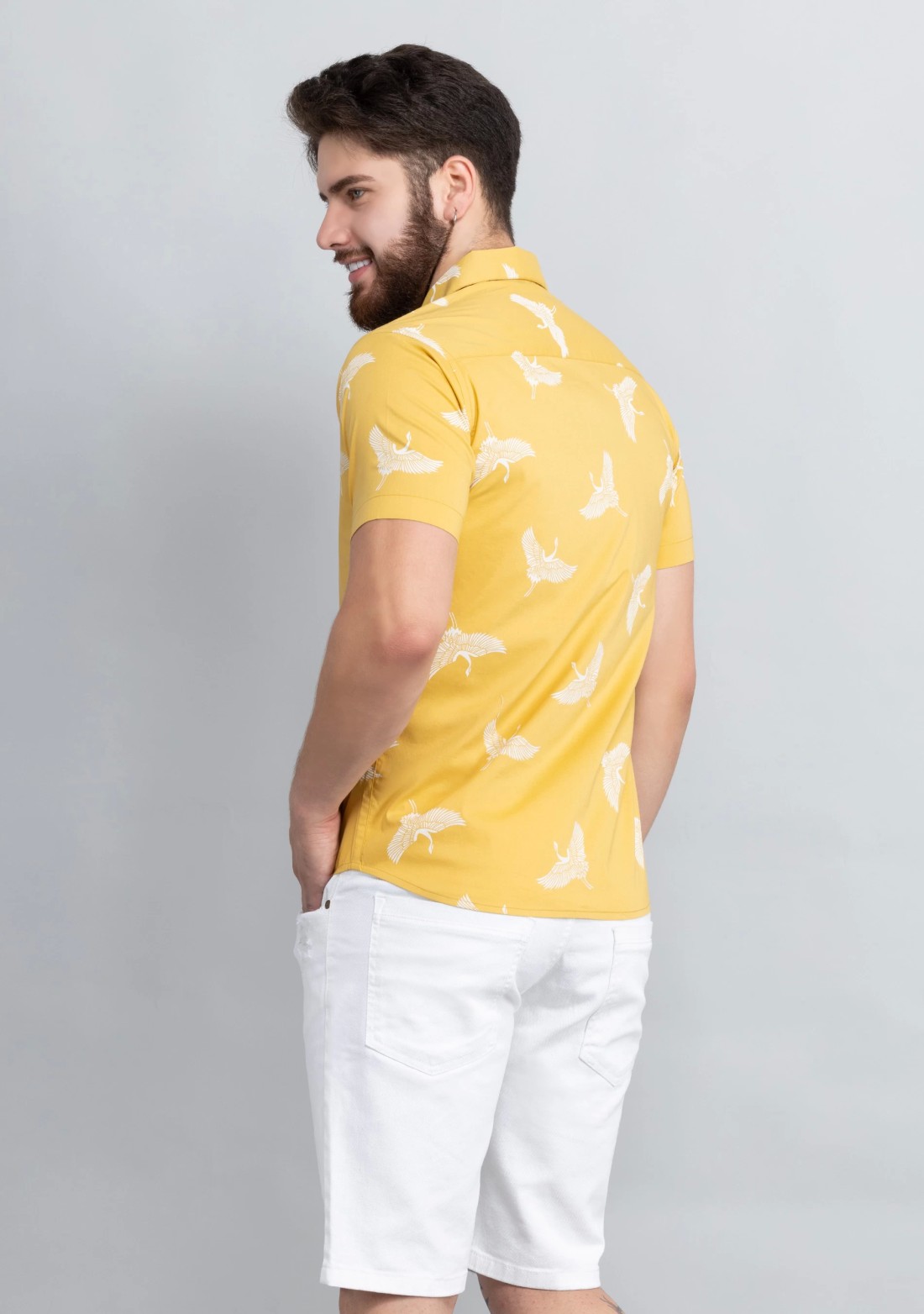 Yellow Print Cuban Collar Slim Fit Men's Shirt