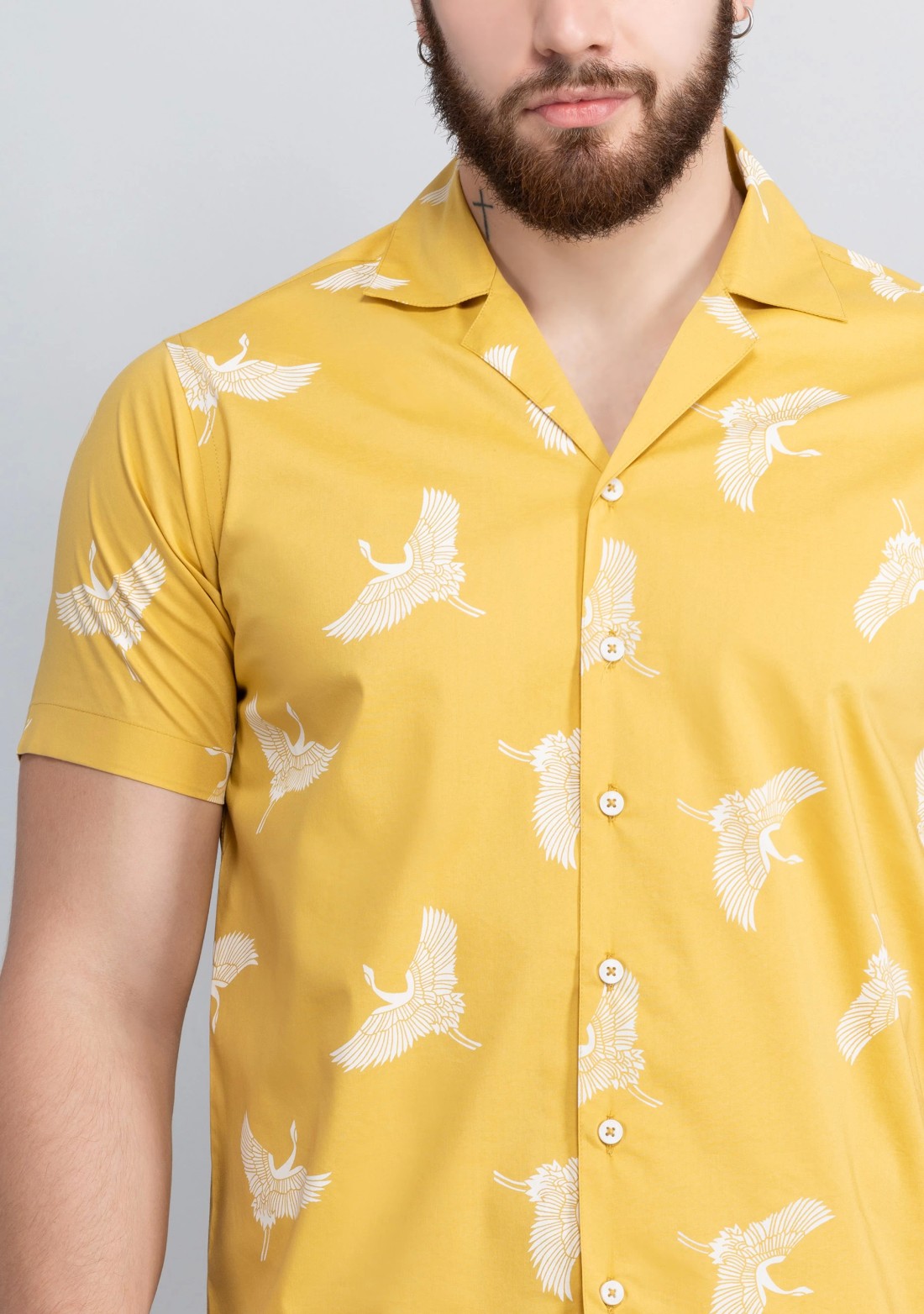 Yellow Print Cuban Collar Slim Fit Men's Shirt