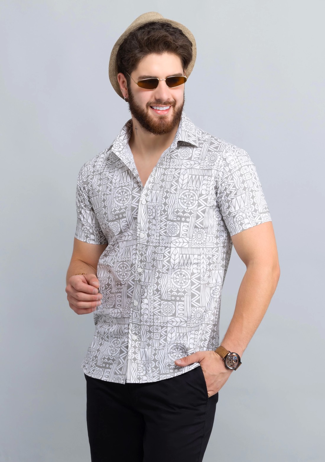 Grey Print Slim fit Men's Cotton Shirt