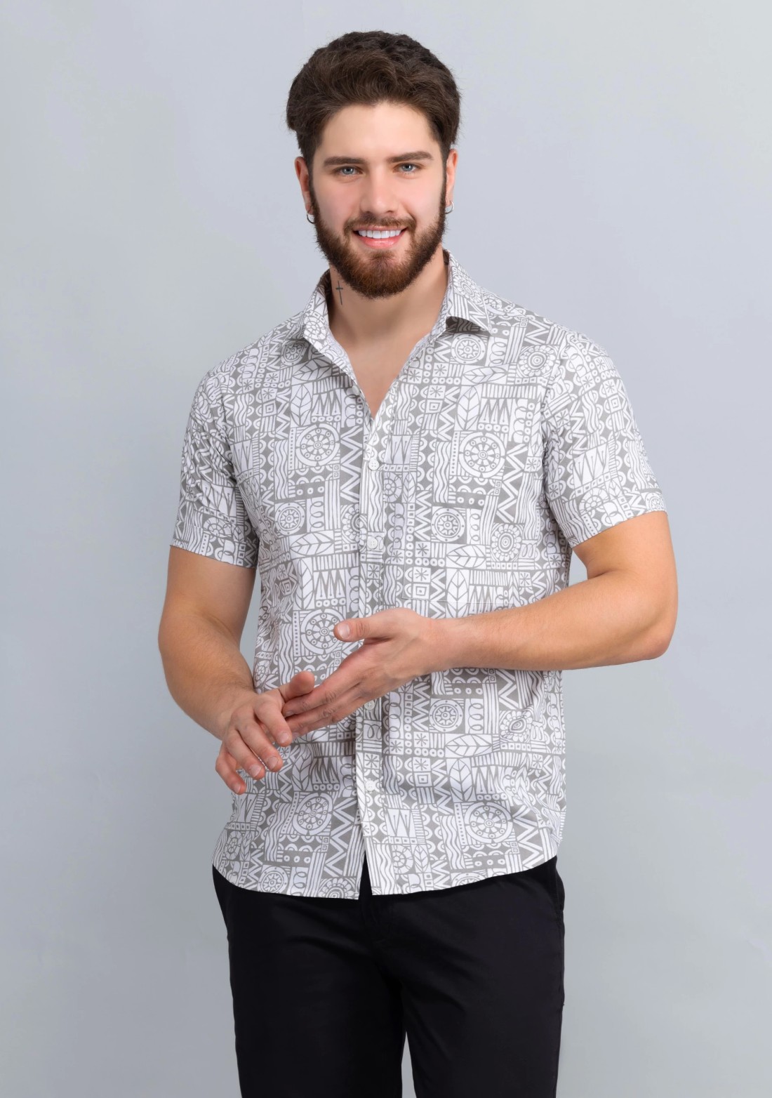 Grey Print Slim fit Men's Cotton Shirt