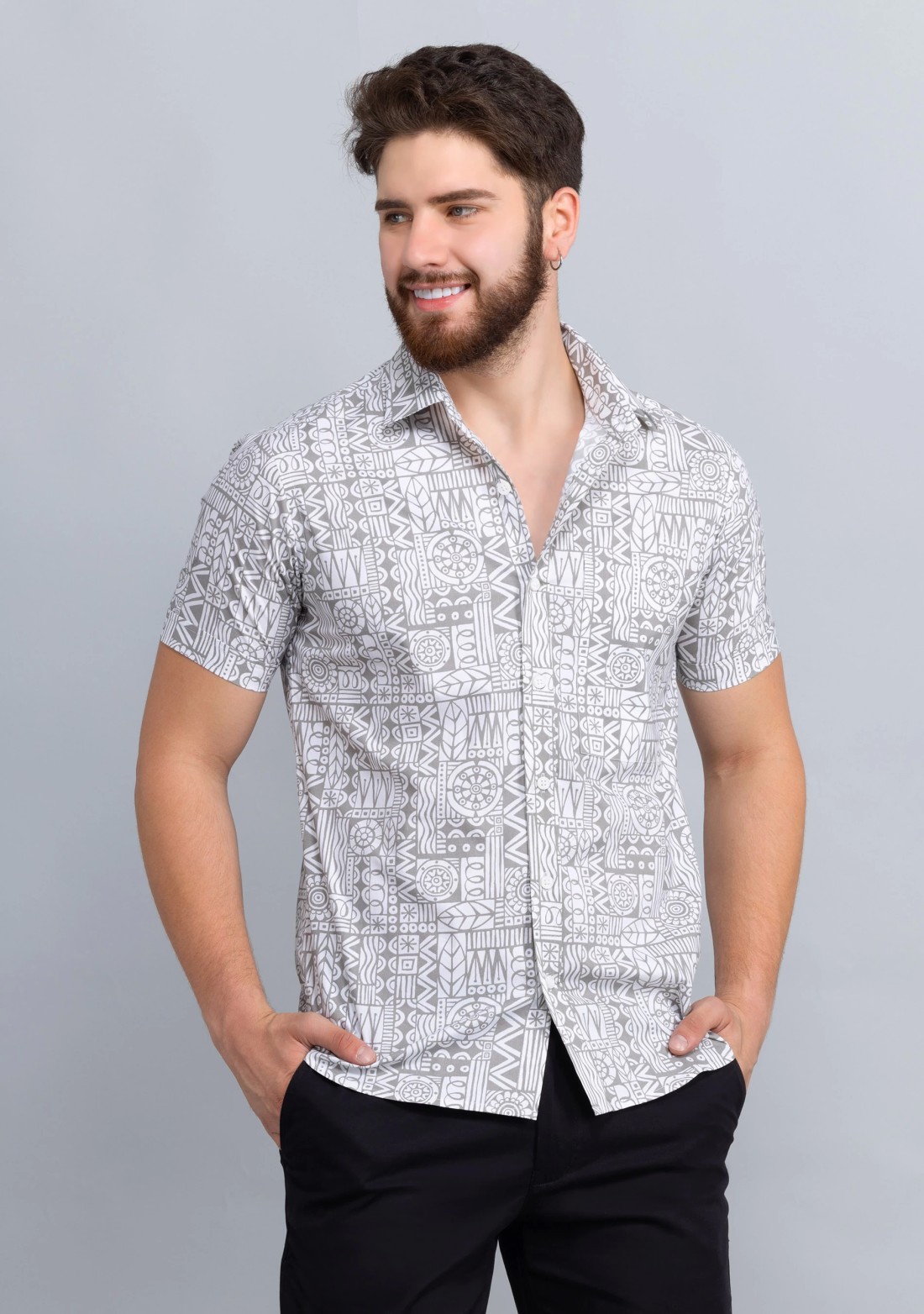 Grey Print Slim fit Men's Cotton Shirt