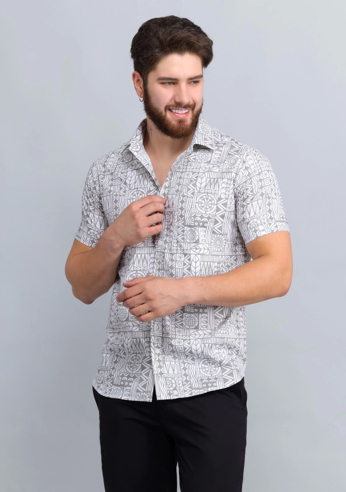 Grey Print Slim fit Men's Cotton Shirt