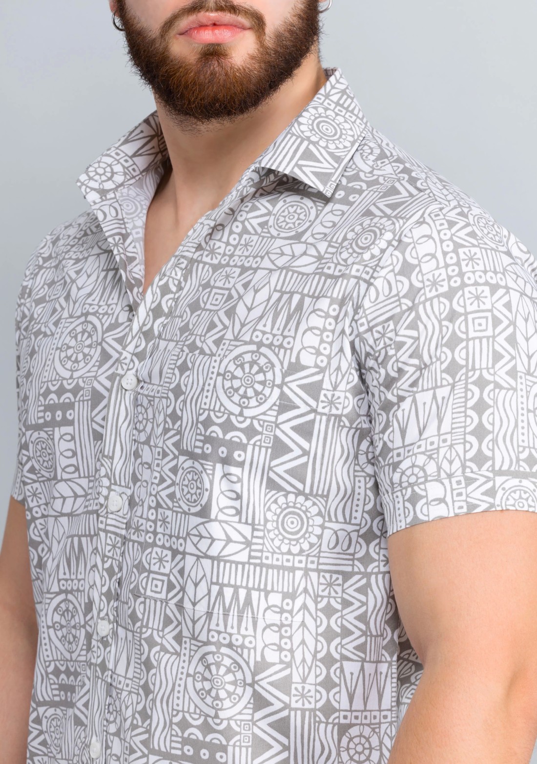 Grey Print Slim fit Men's Cotton Shirt