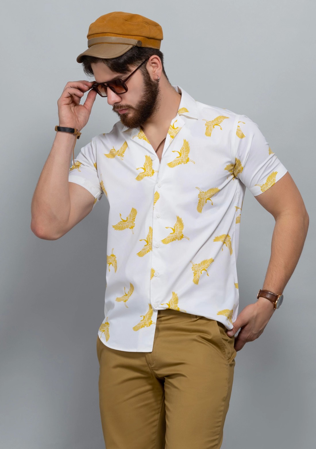 Cream Print Cuban Collar Slim Fit Men's Shirt