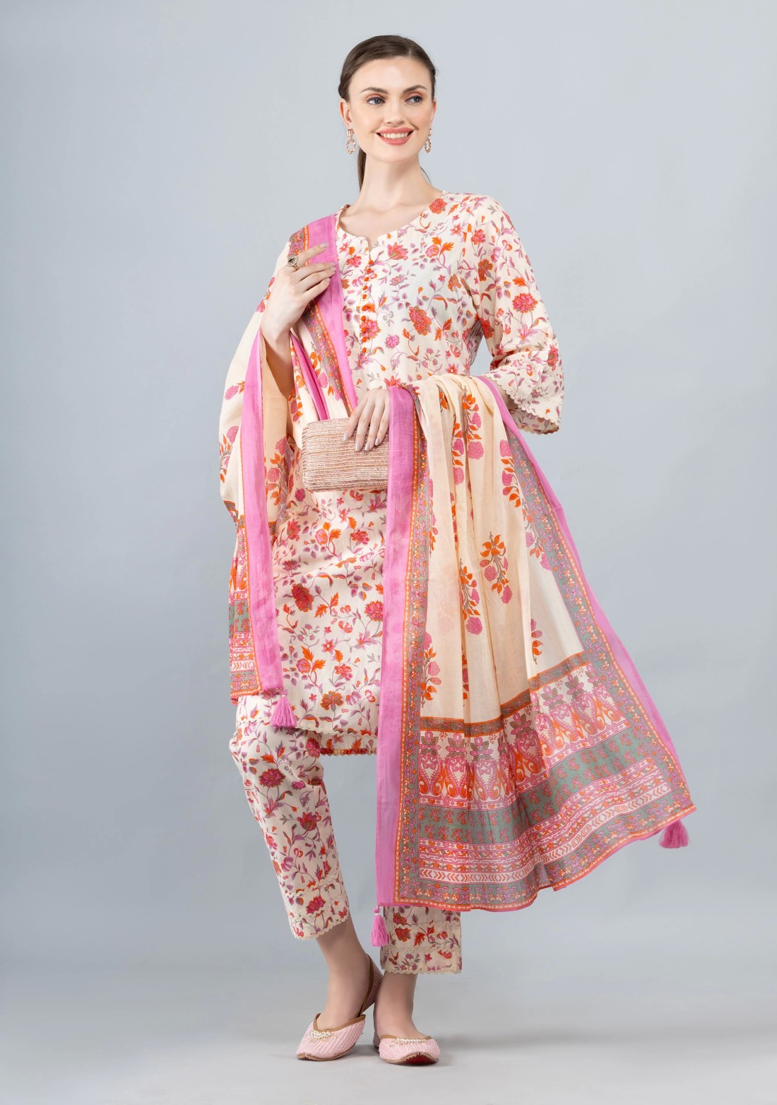 Beige & Coral Pure Cotton Floral Printed Kurta Pant Co-Ord Set With Dupatta