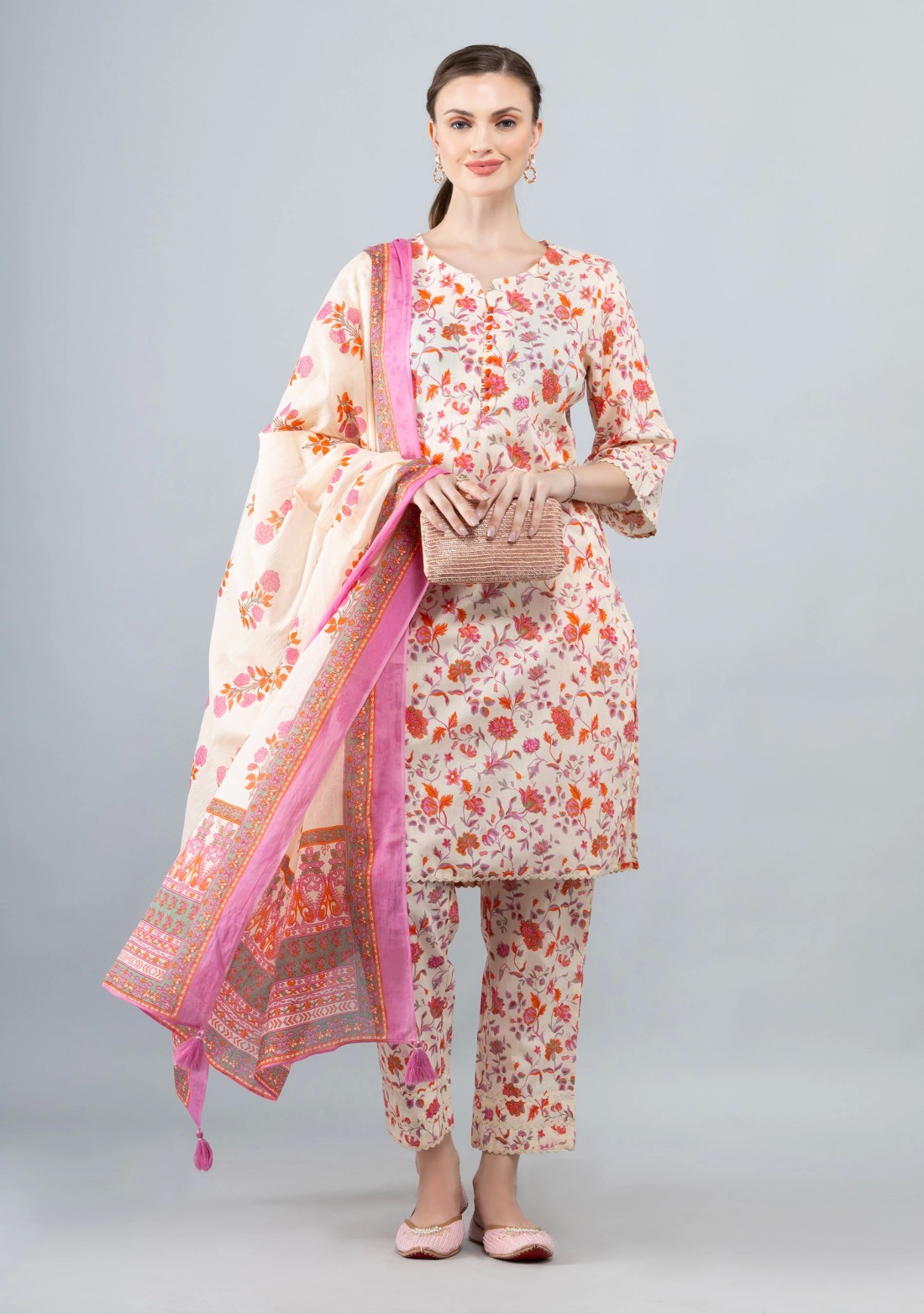 Beige & Coral Pure Cotton Floral Printed Kurta Pant Co-Ord Set With Dupatta