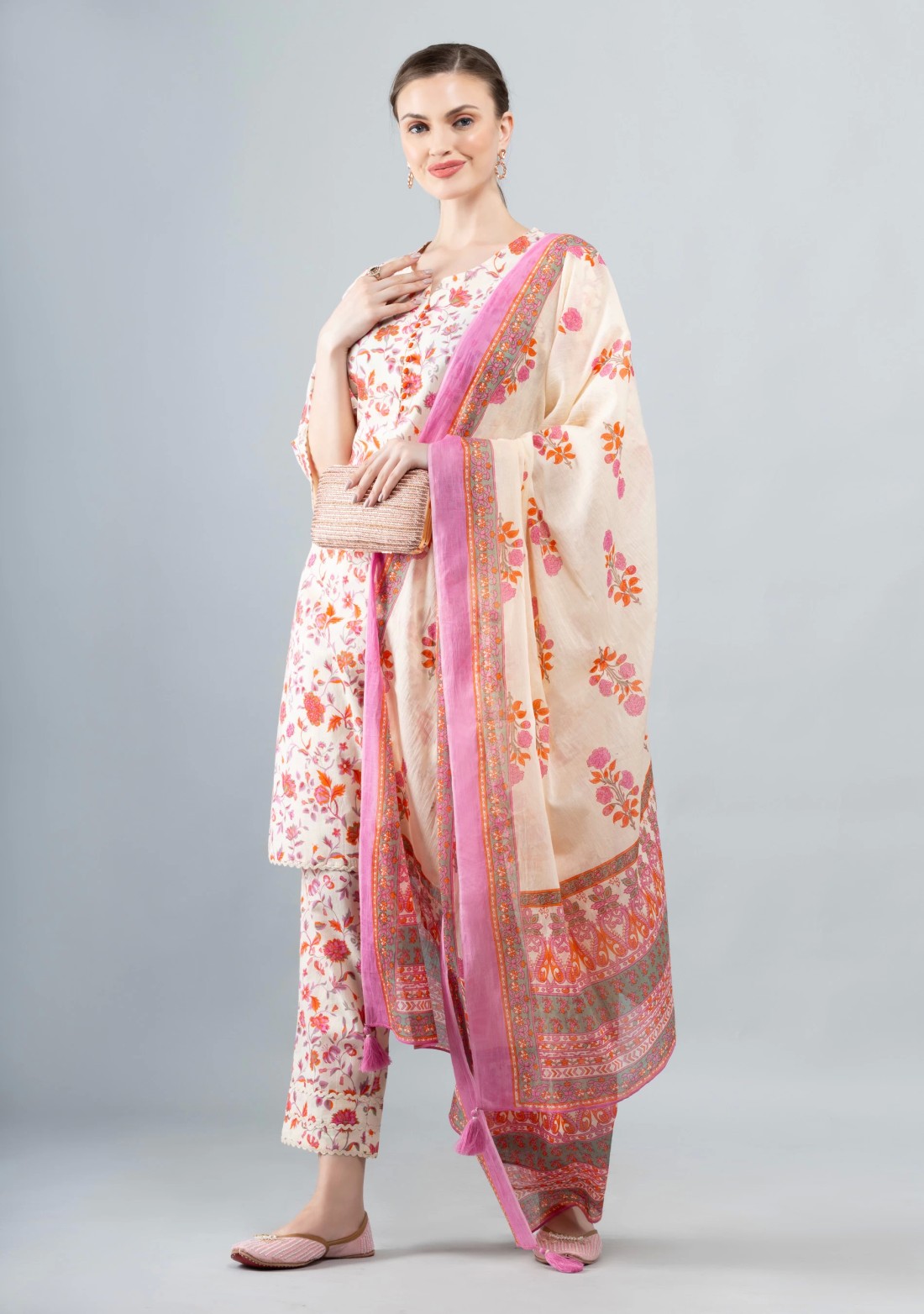 Beige & Coral Pure Cotton Floral Printed Kurta Pant Co-Ord Set With Dupatta