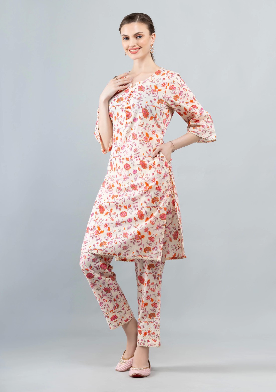 Beige & Coral Pure Cotton Floral Printed Kurta Pant Co-Ord Set With Dupatta