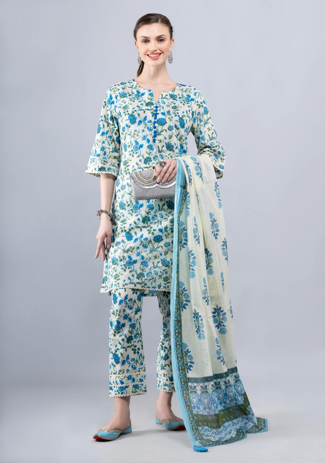 Beige & Blue Pure Cotton Floral Printed Kurta Pant Co-Ord Set With Dupatta