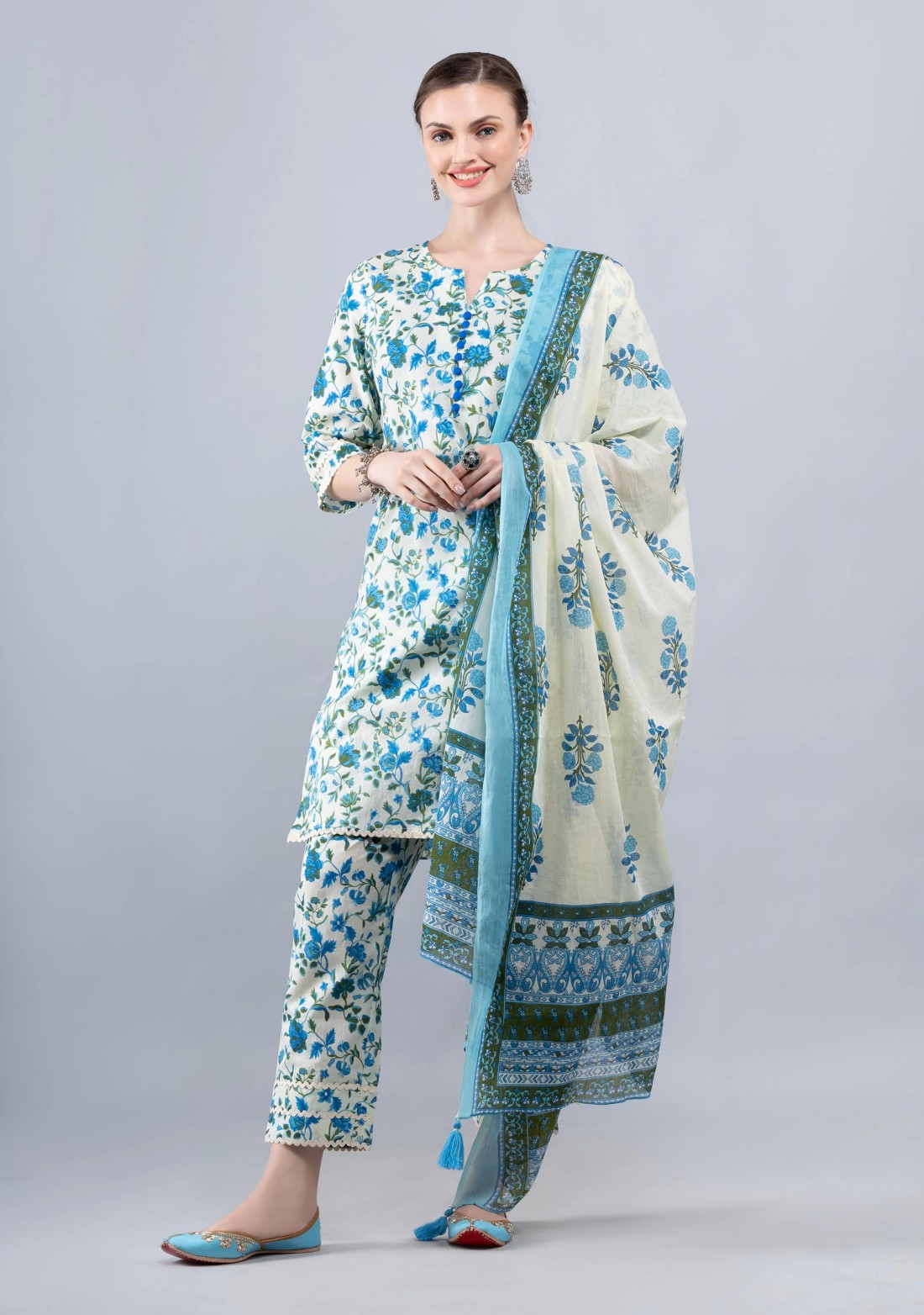 Beige & Blue Pure Cotton Floral Printed Kurta Pant Co-Ord Set With Dupatta