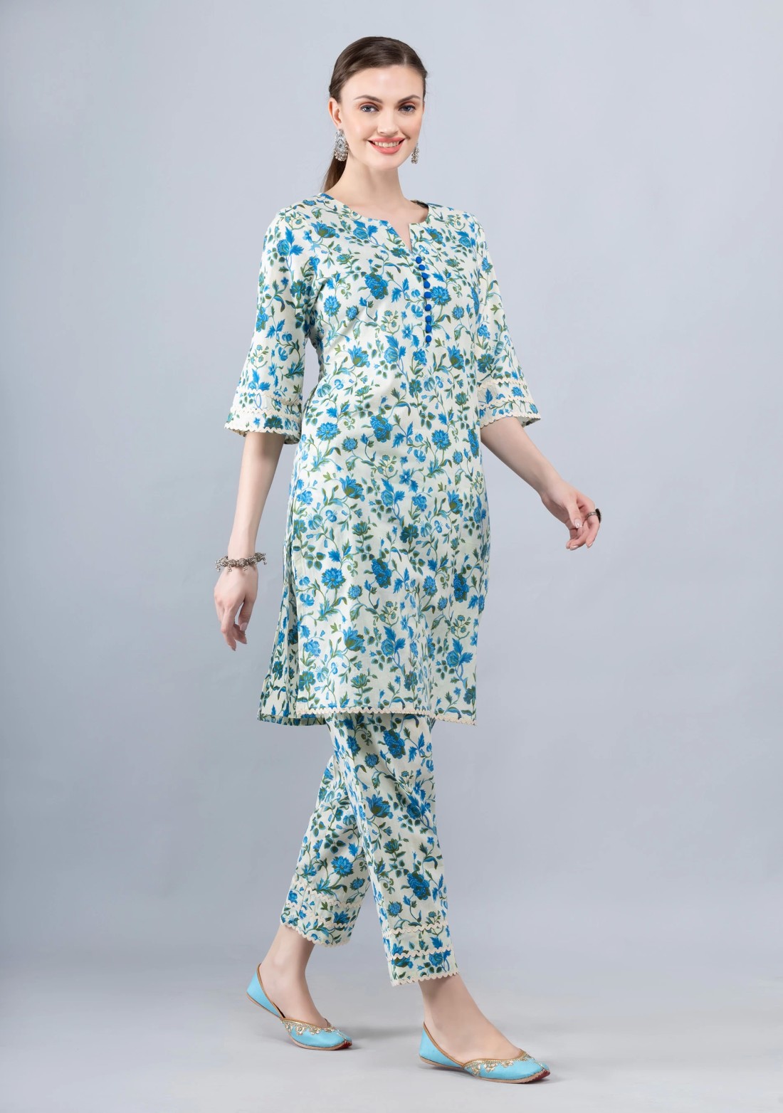 Beige & Blue Pure Cotton Floral Printed Kurta Pant Co-Ord Set With Dupatta