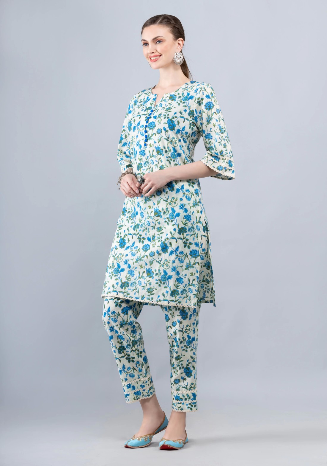 Beige & Blue Pure Cotton Floral Printed Kurta Pant Co-Ord Set With Dupatta