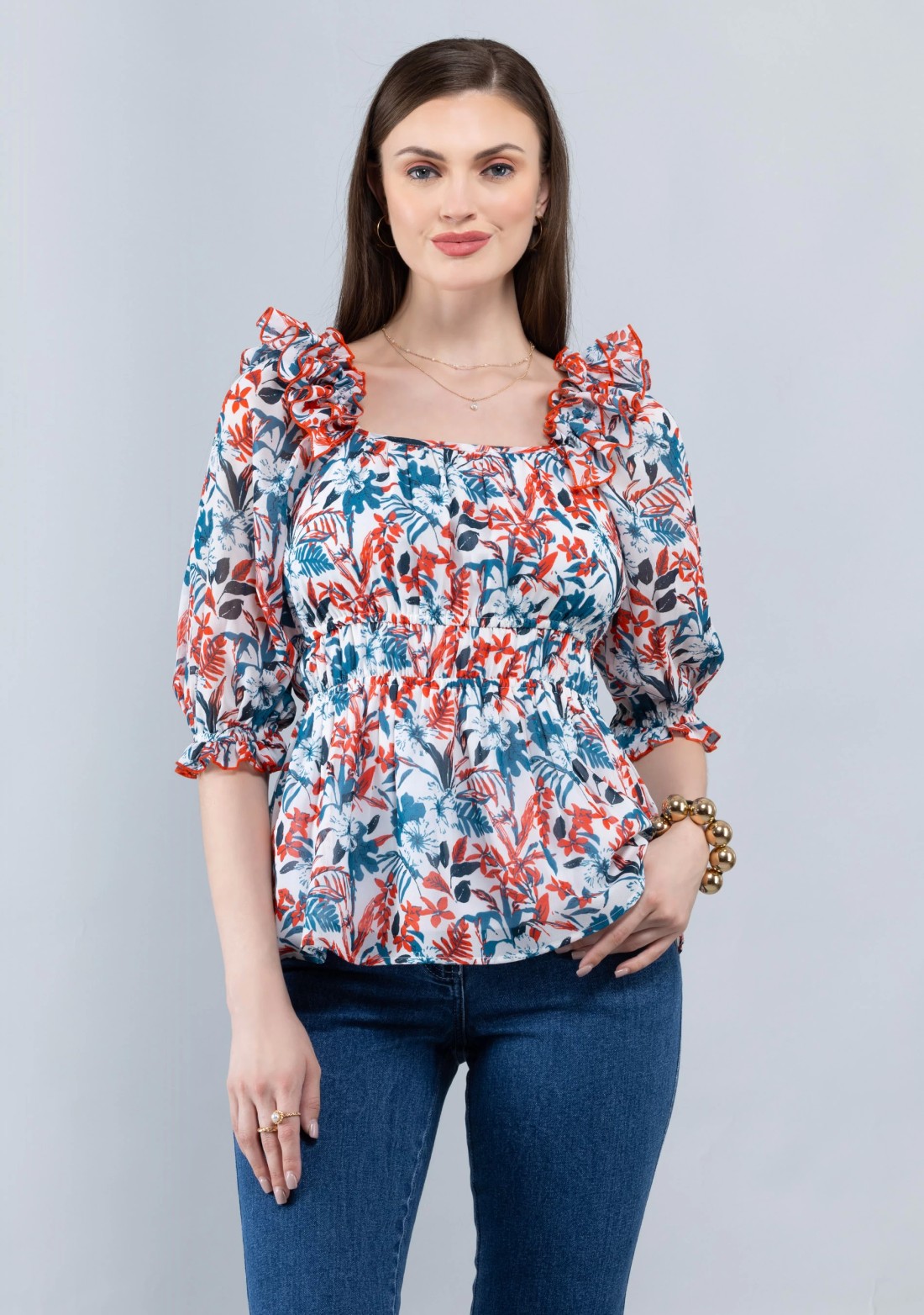 Tropical Print Georgette Peplum Top