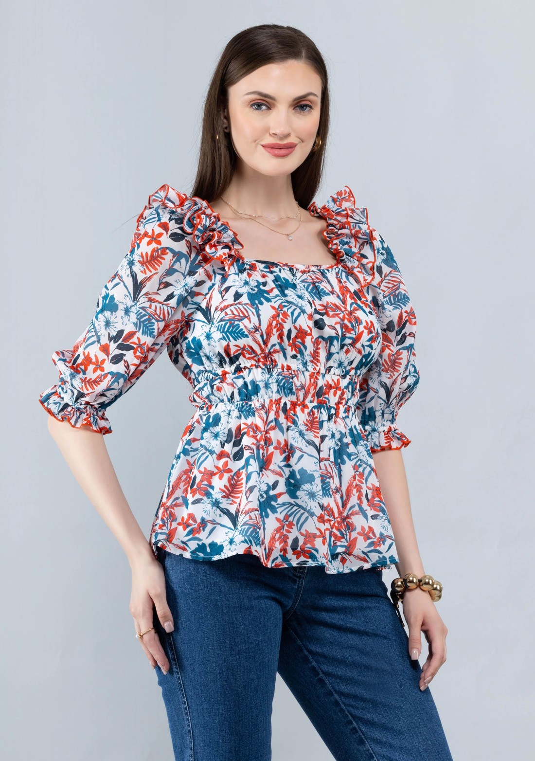 Tropical Print Georgette Peplum Top