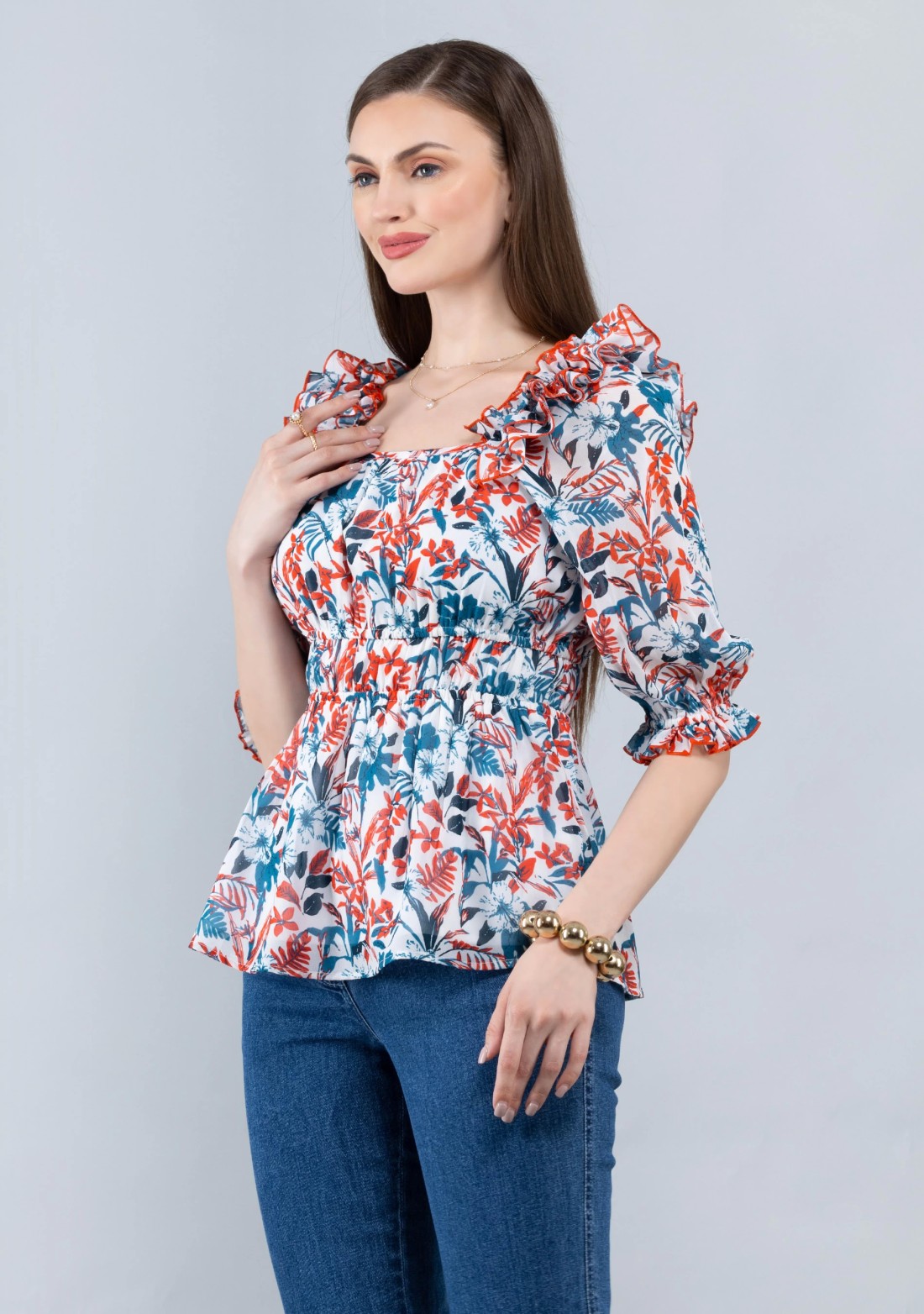 Tropical Print Georgette Peplum Top