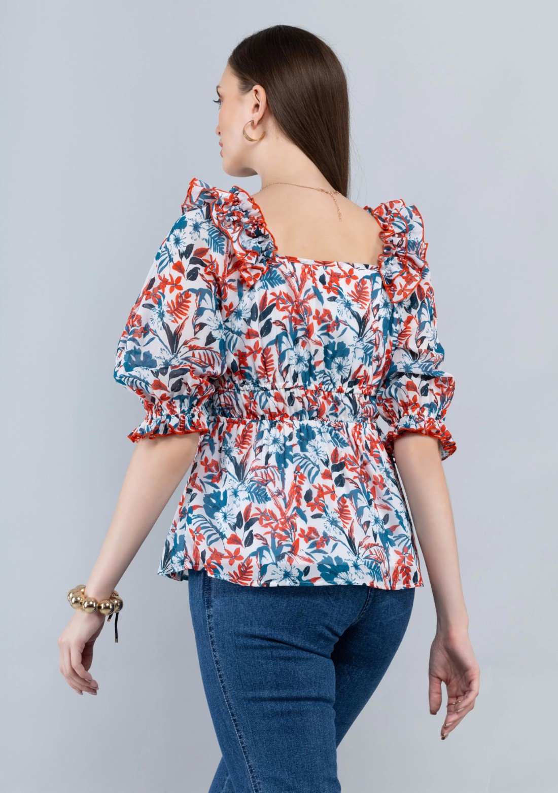 Tropical Print Georgette Peplum Top