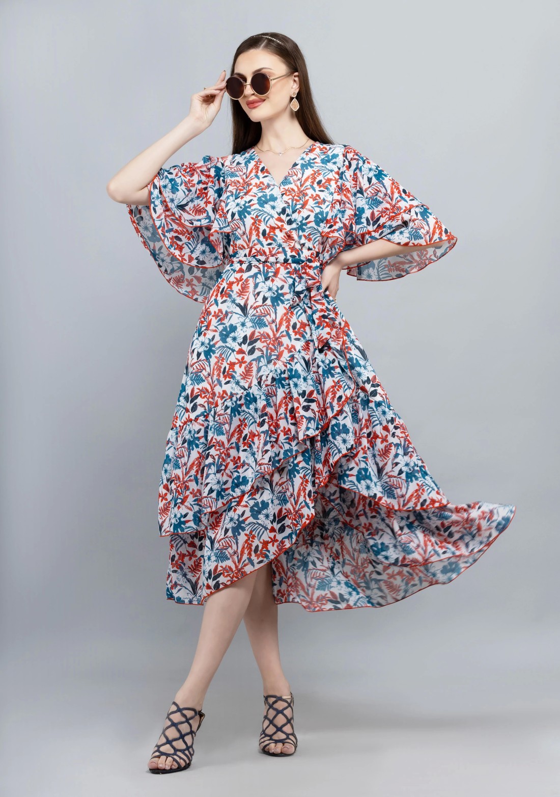 Floral georgette ruffled wrap dress best sale