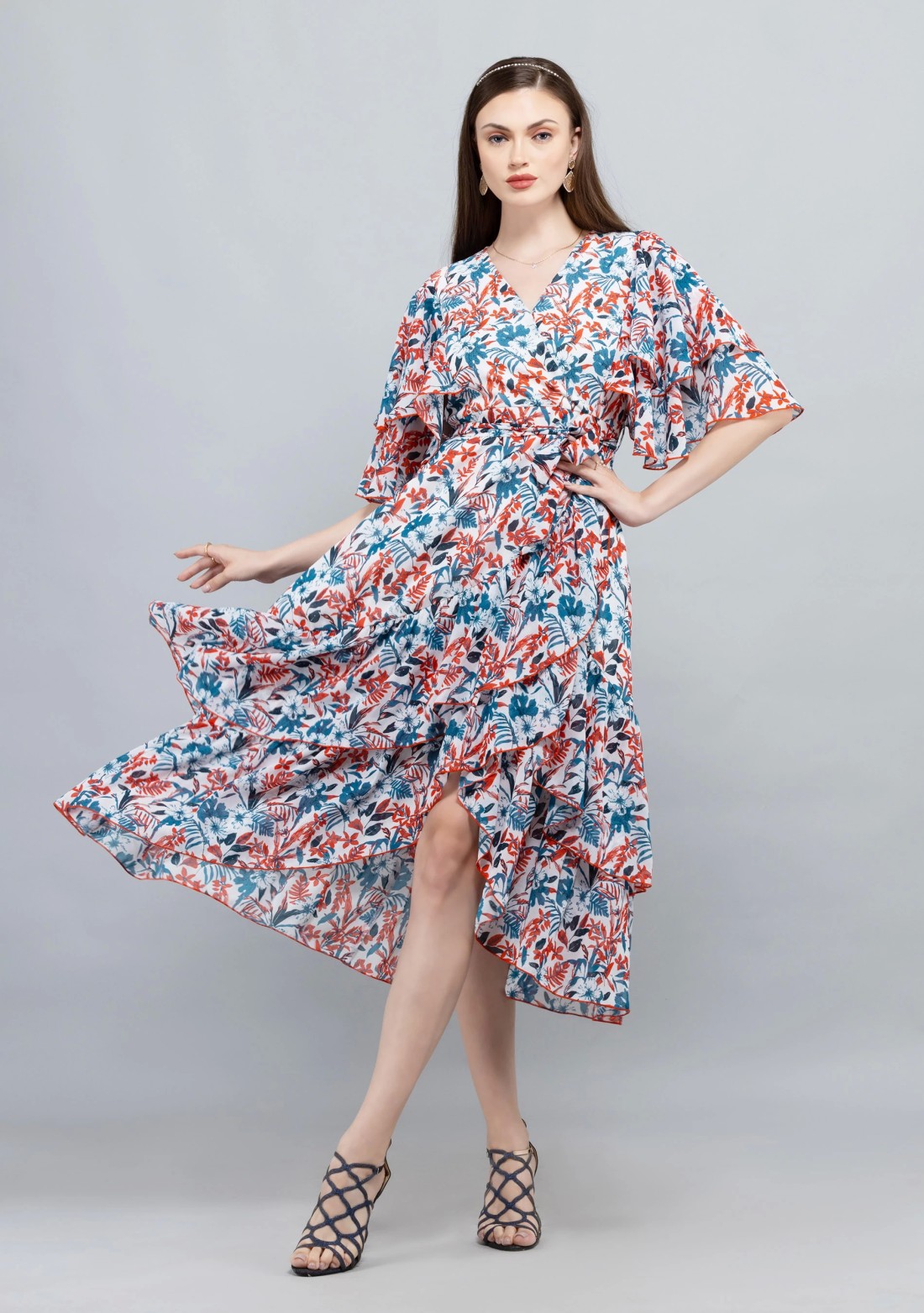 Tropical Print Georgette Asymmetrical Ruffle Midi Dress