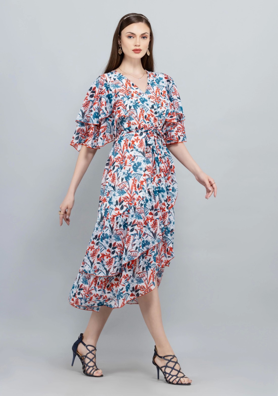 Tropical Print Georgette Asymmetrical Ruffle Midi Dress