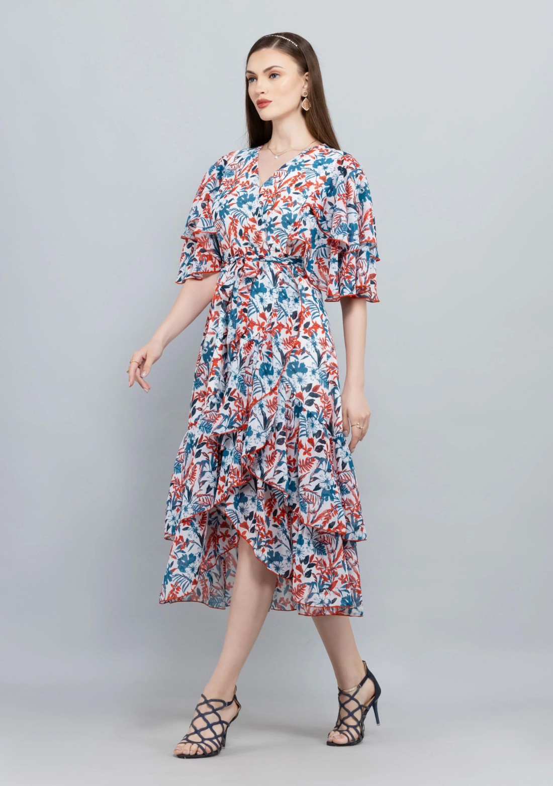 Tropical Print Georgette Asymmetrical Ruffle Midi Dress