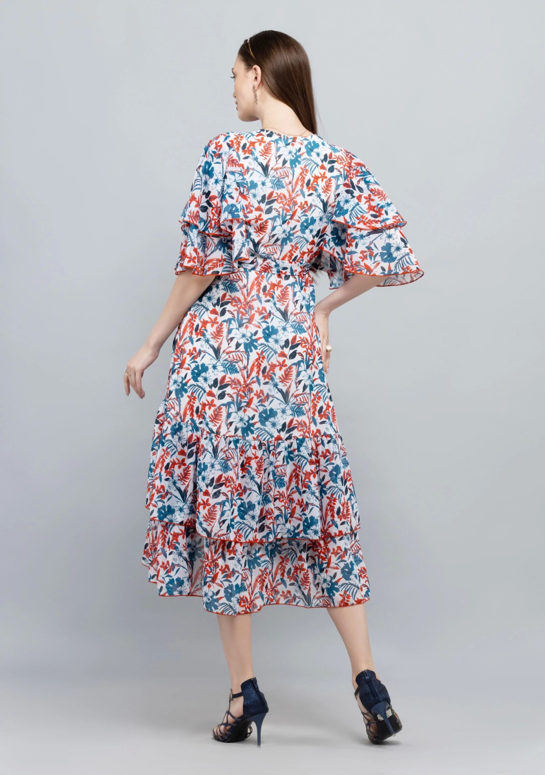 Tropical Print Georgette Asymmetrical Ruffle Midi Dress