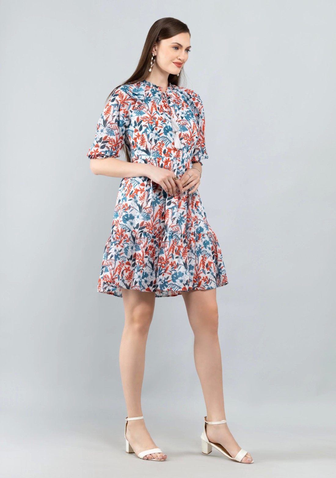 Tropical Print Georgette Flared Mini Dress