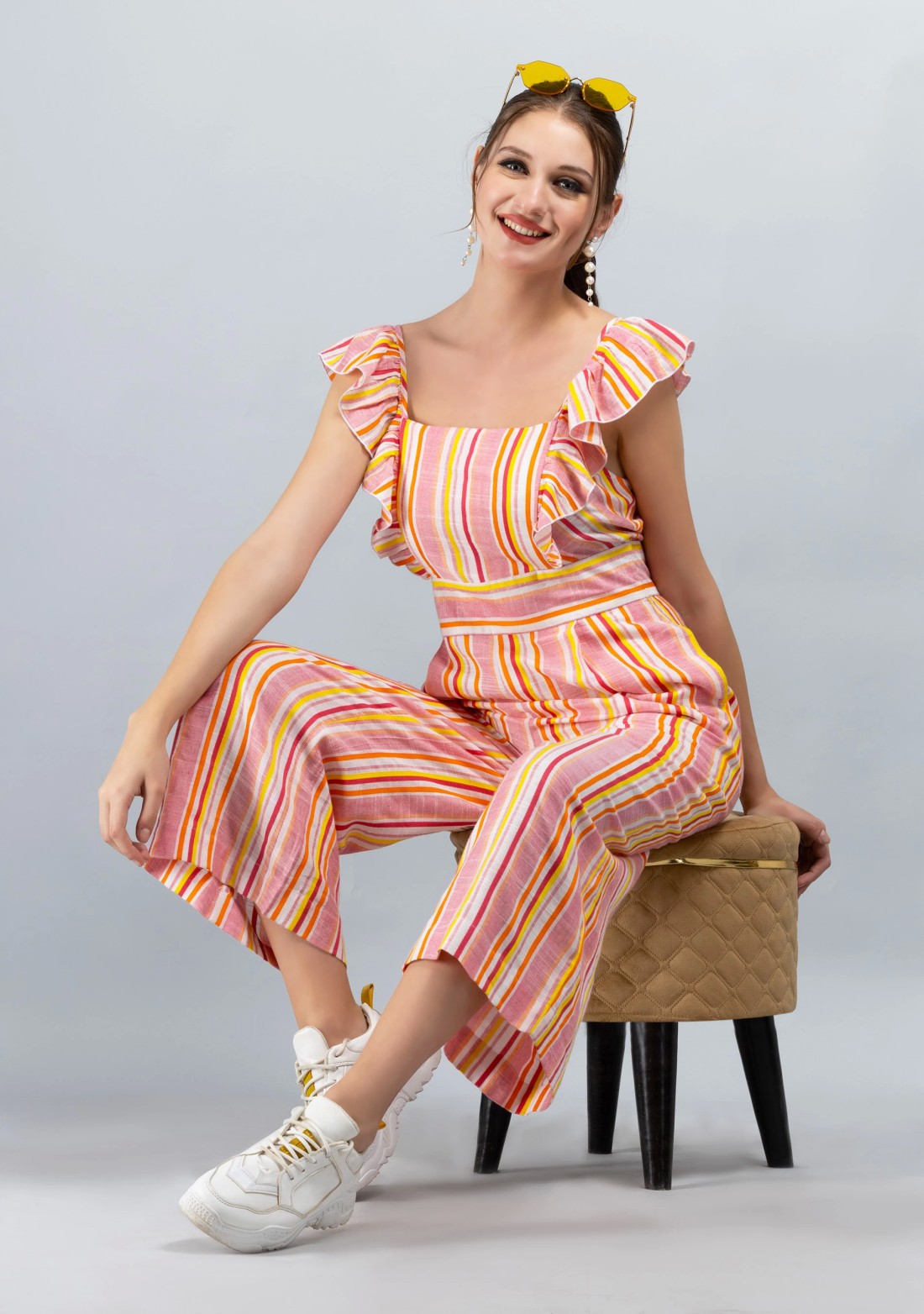 Multi Colour Stripe Print Rayon Slub Cropped Jumpsuit