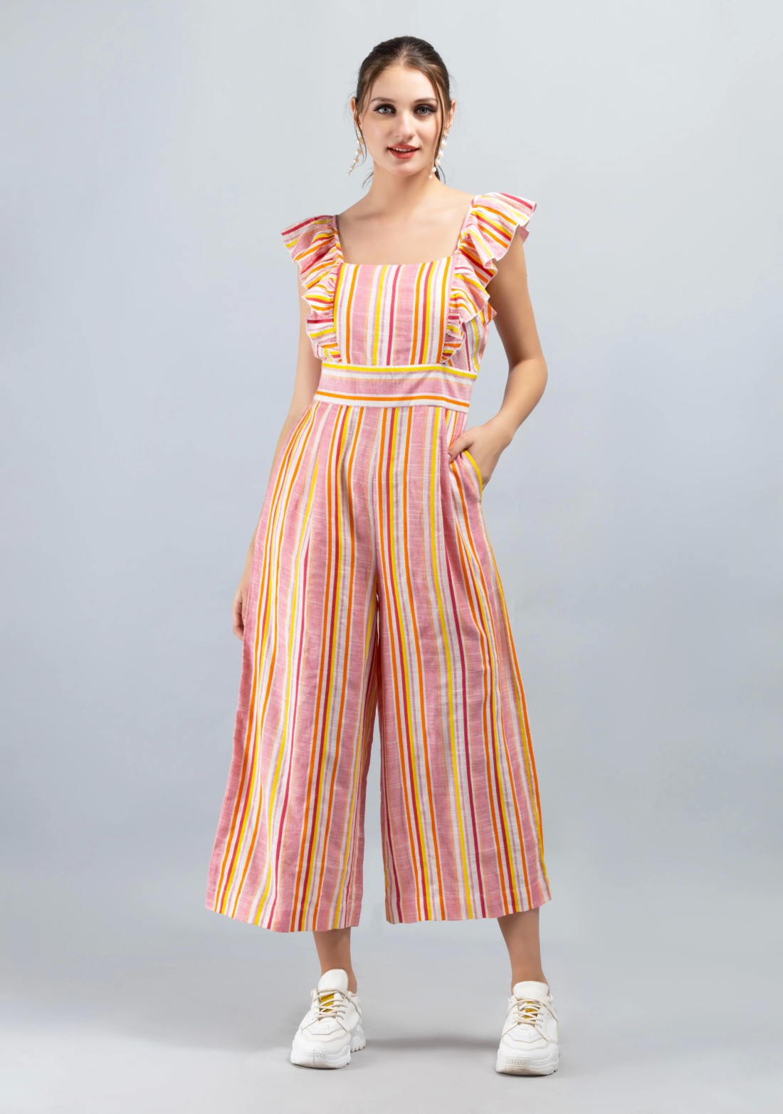 Multi Colour Stripe Print Rayon Slub Cropped Jumpsuit