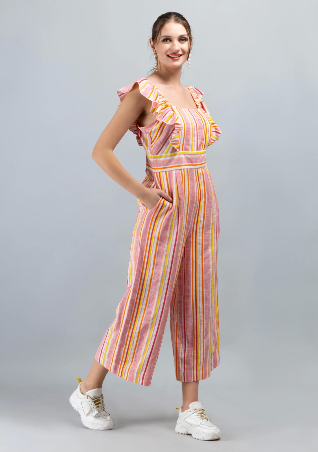 Multi Colour Stripe Print Rayon Slub Cropped Jumpsuit