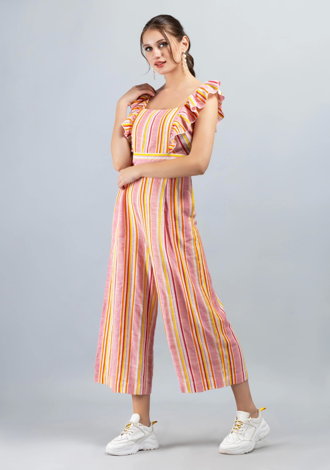 Multi Colour Stripe Print Rayon Slub Cropped Jumpsuit