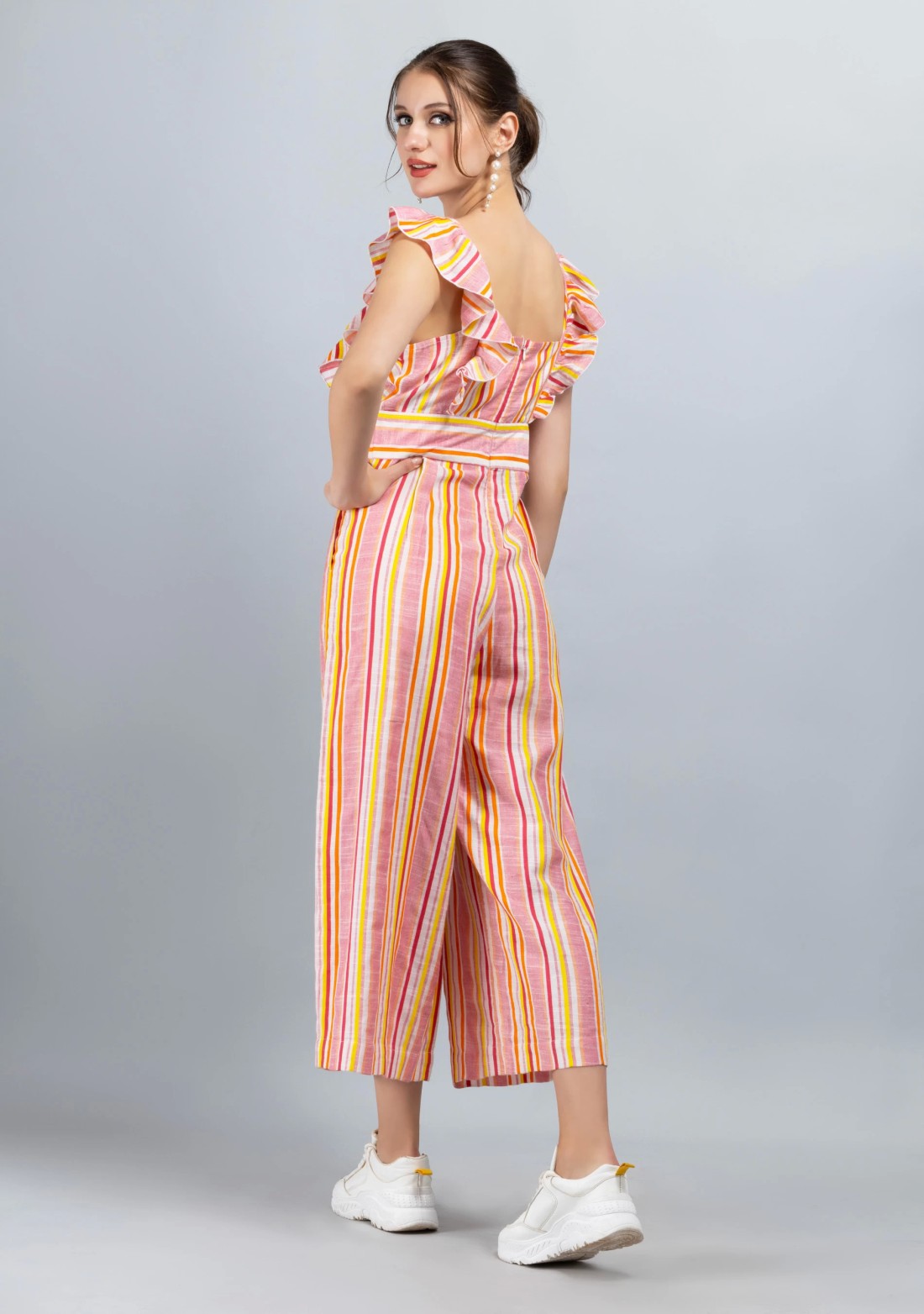 Multi Colour Stripe Print Rayon Slub Cropped Jumpsuit