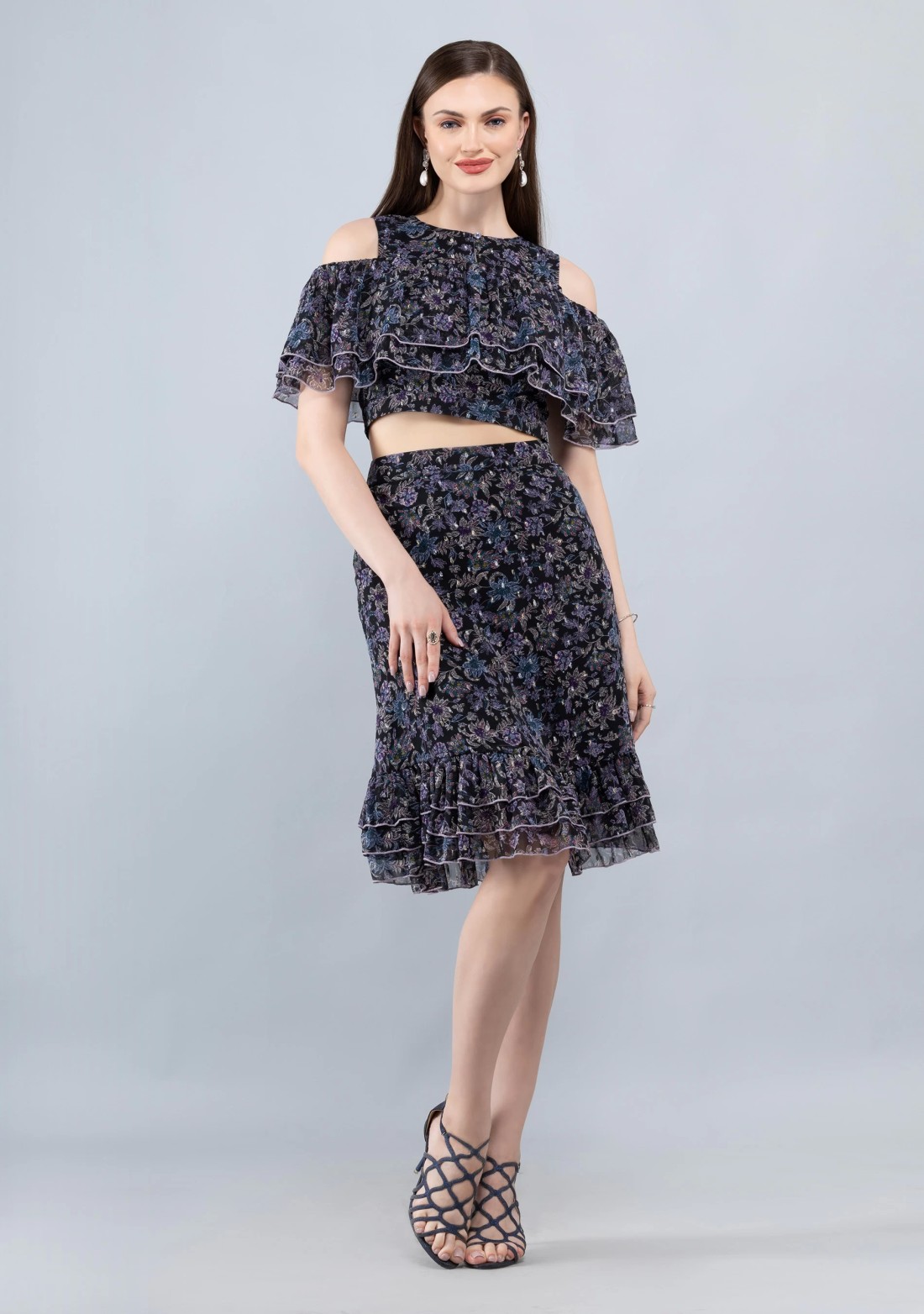 Black Floral Print Lurex Chiffon Crop Top and Skirt Co-Ord Set