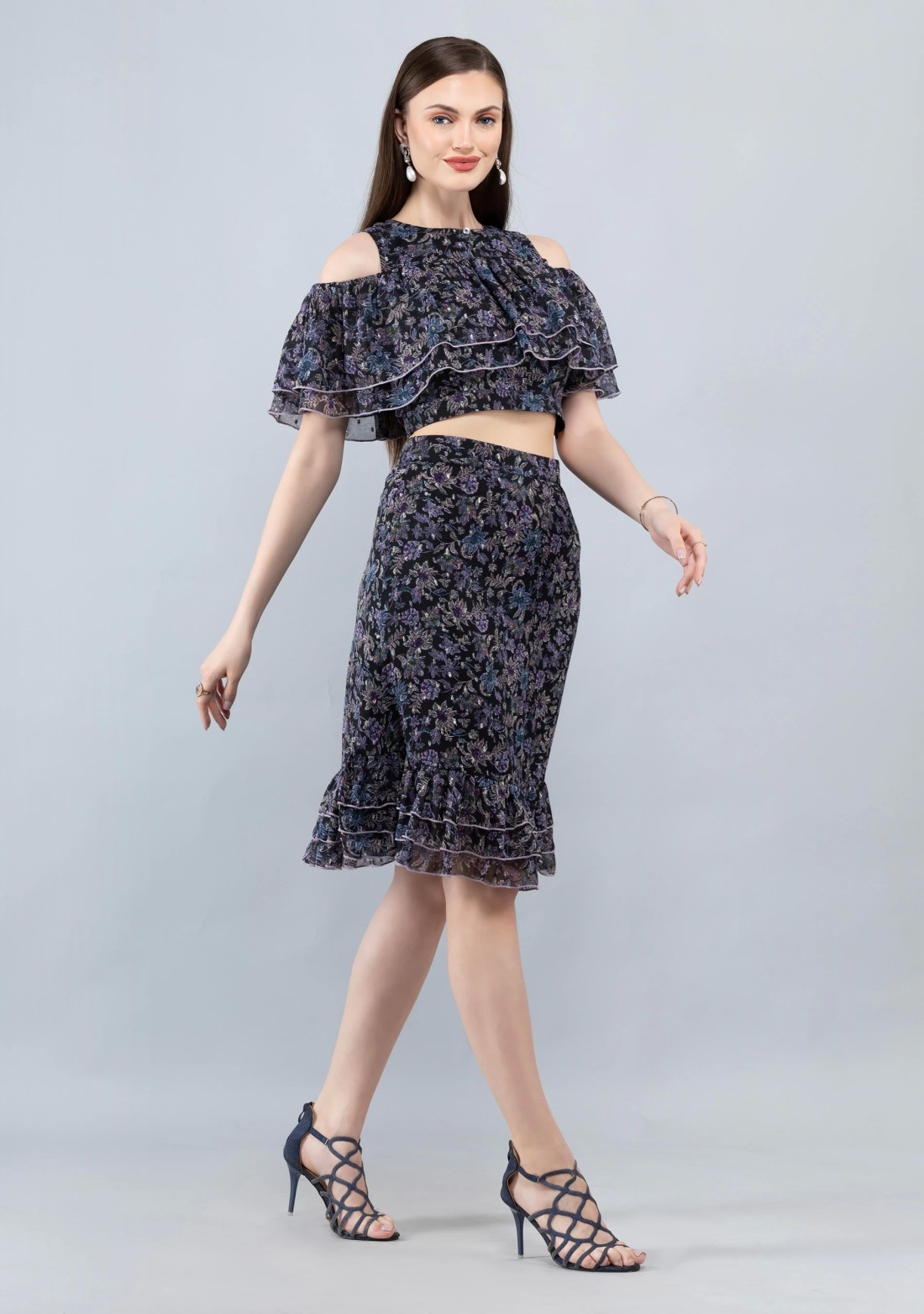 Black Floral Print Lurex Chiffon Crop Top and Skirt Co-Ord Set