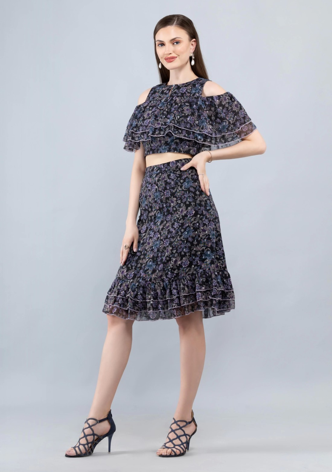 Black Floral Print Lurex Chiffon Crop Top and Skirt Co-Ord Set