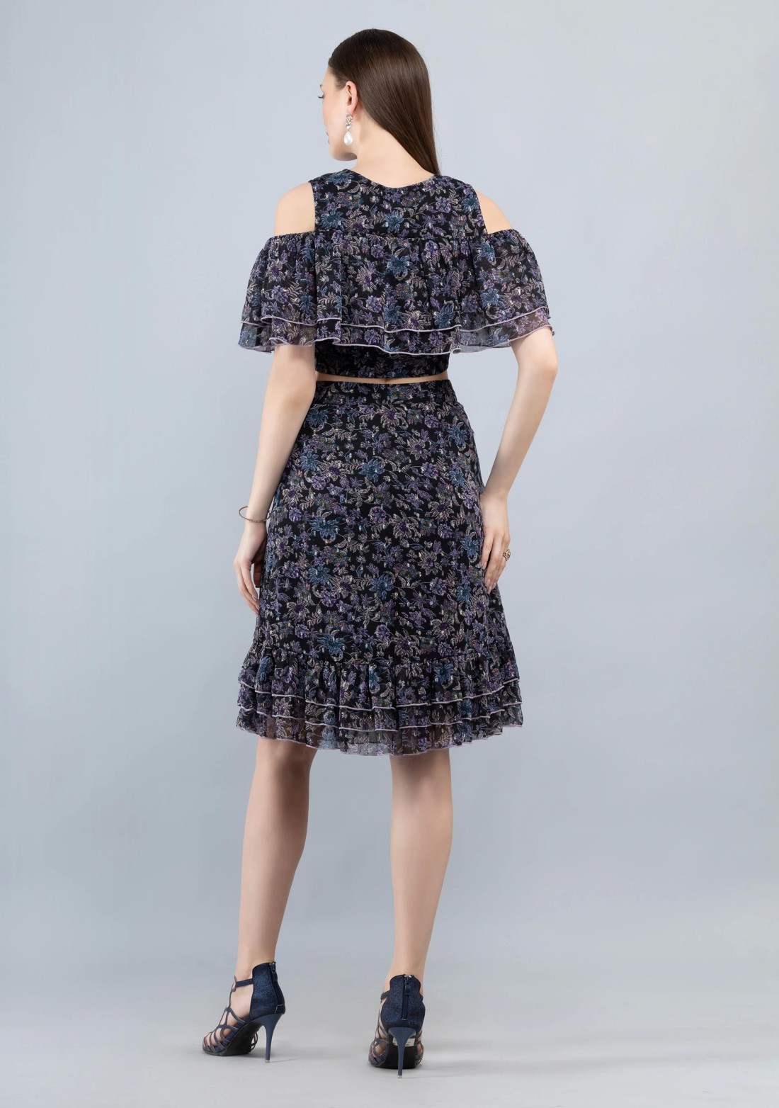 Black Floral Print Lurex Chiffon Crop Top and Skirt Co-Ord Set