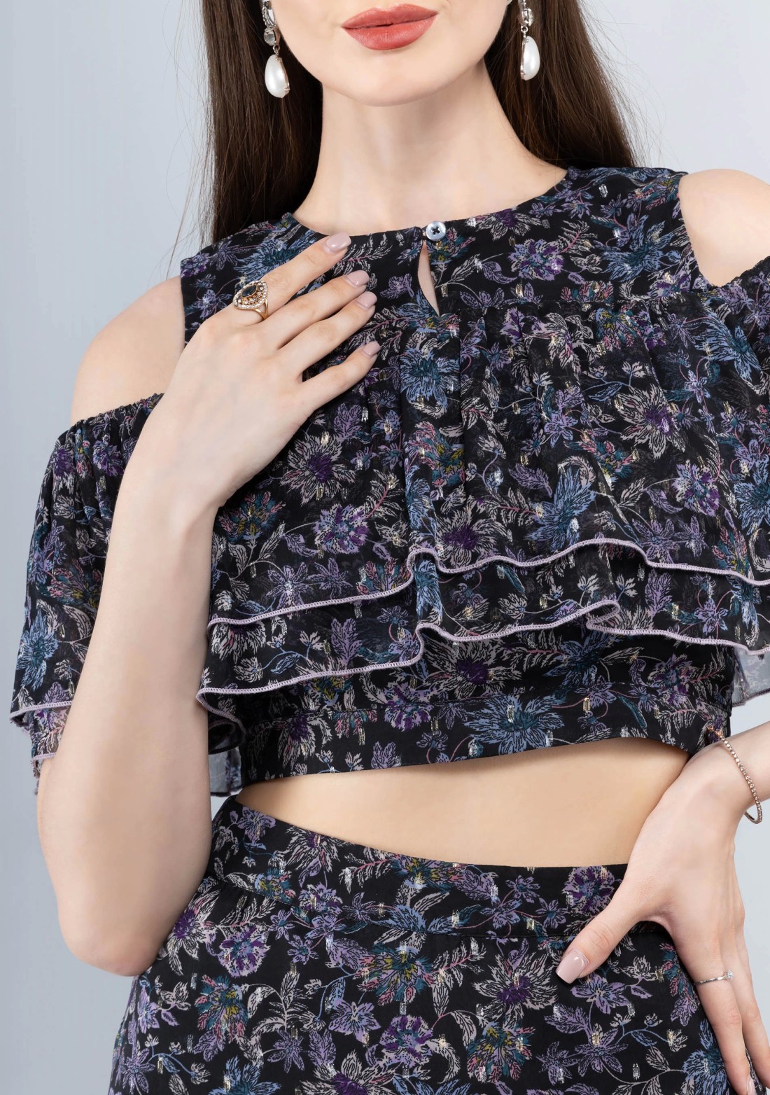 Black Floral Print Lurex Chiffon Crop Top and Skirt Co-Ord Set