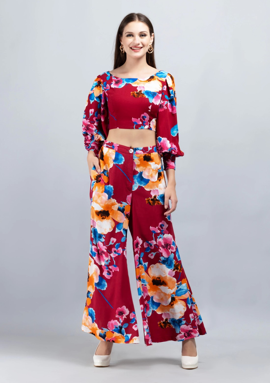 Wine Multi Floral Printed Viscose Rayon Co-Ord Set