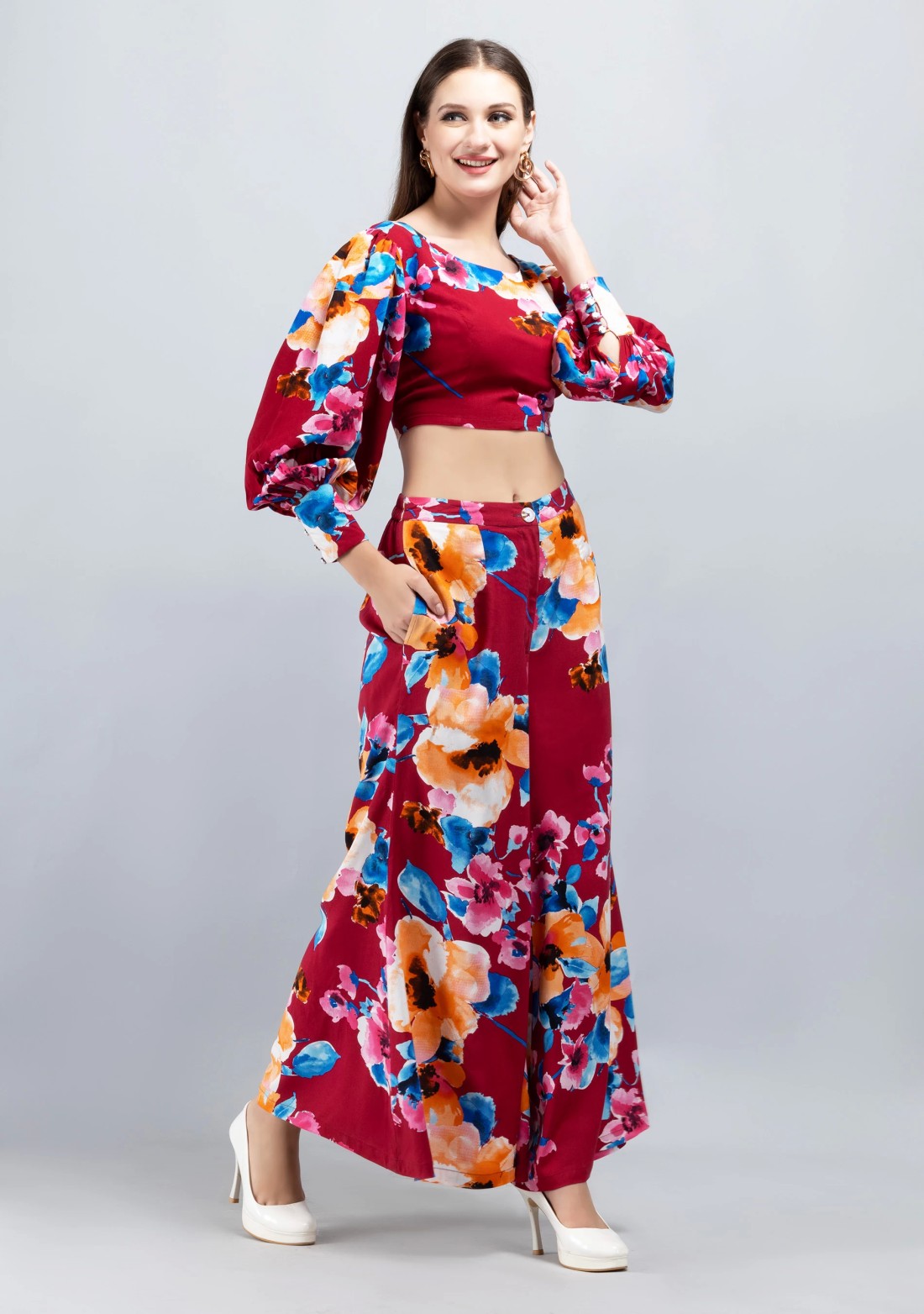 Wine Multi Floral Printed Viscose Rayon Co-Ord Set