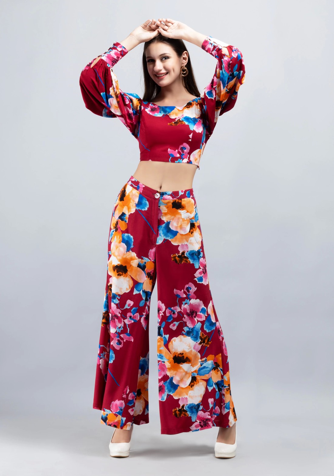 Wine Multi Floral Printed Viscose Rayon Co-Ord Set