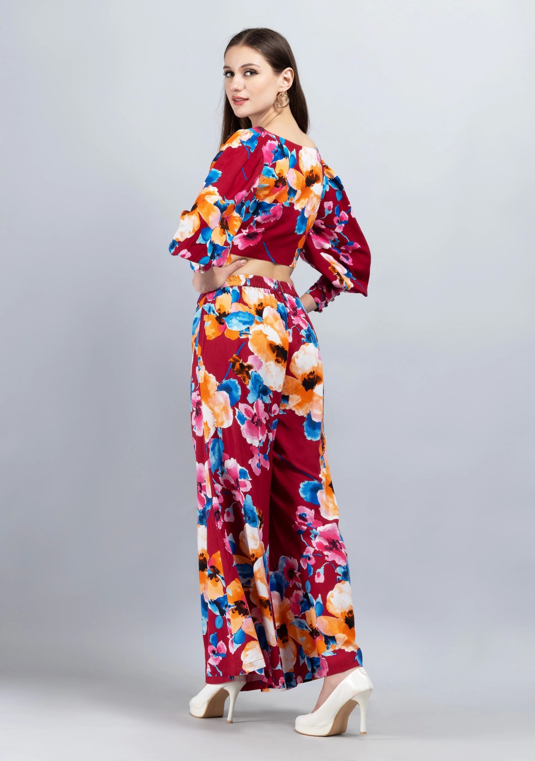 Wine Multi Floral Printed Viscose Rayon Co-Ord Set