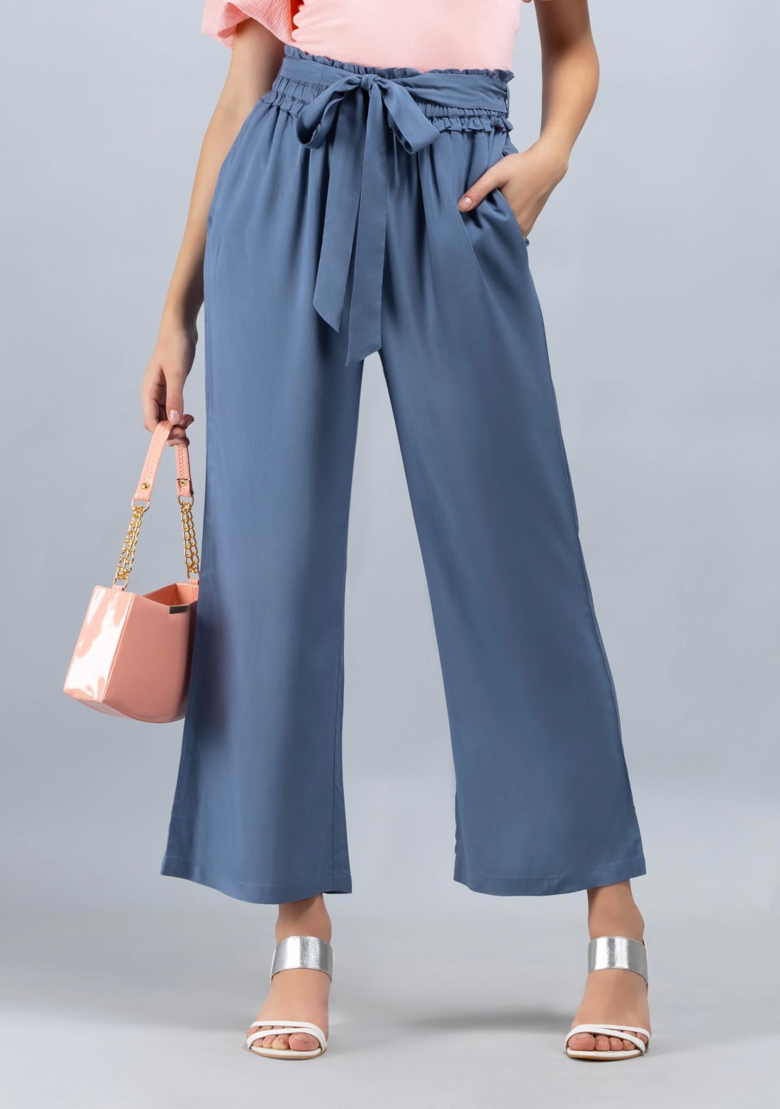 Grey Solid Viscose Rayon Ruffled Belt Palazzo Pants