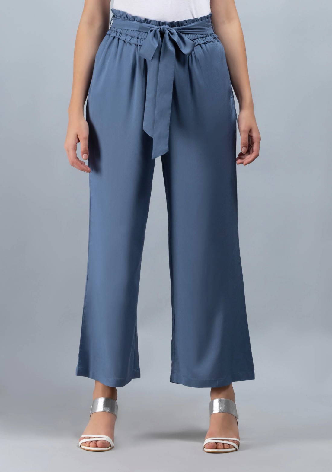 Grey Solid Viscose Rayon Ruffled Belt Palazzo Pants