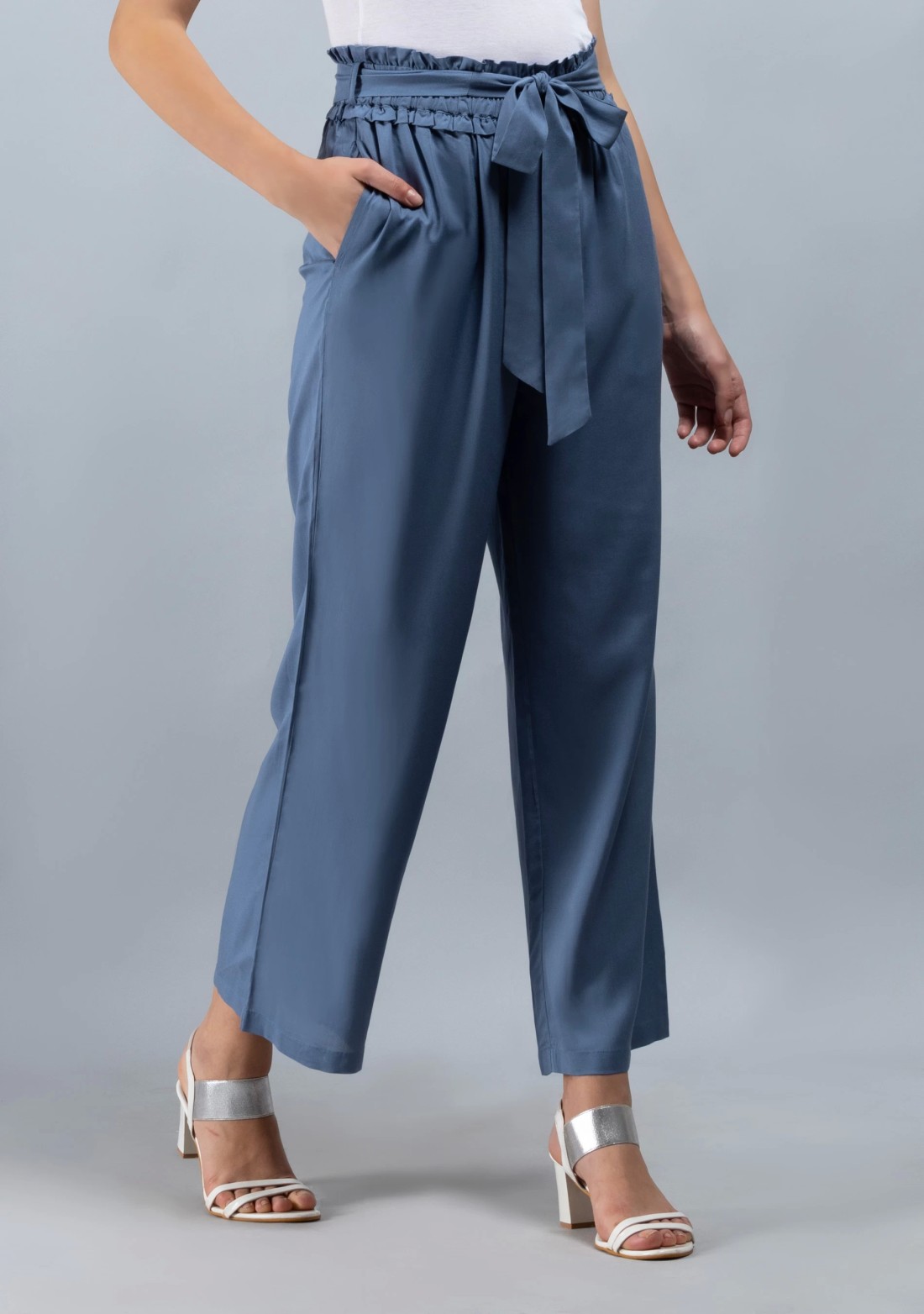 Grey Solid Viscose Rayon Ruffled Belt Palazzo Pants