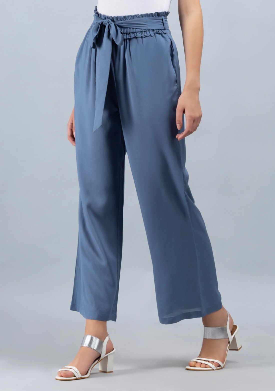 Grey Solid Viscose Rayon Ruffled Belt Palazzo Pants