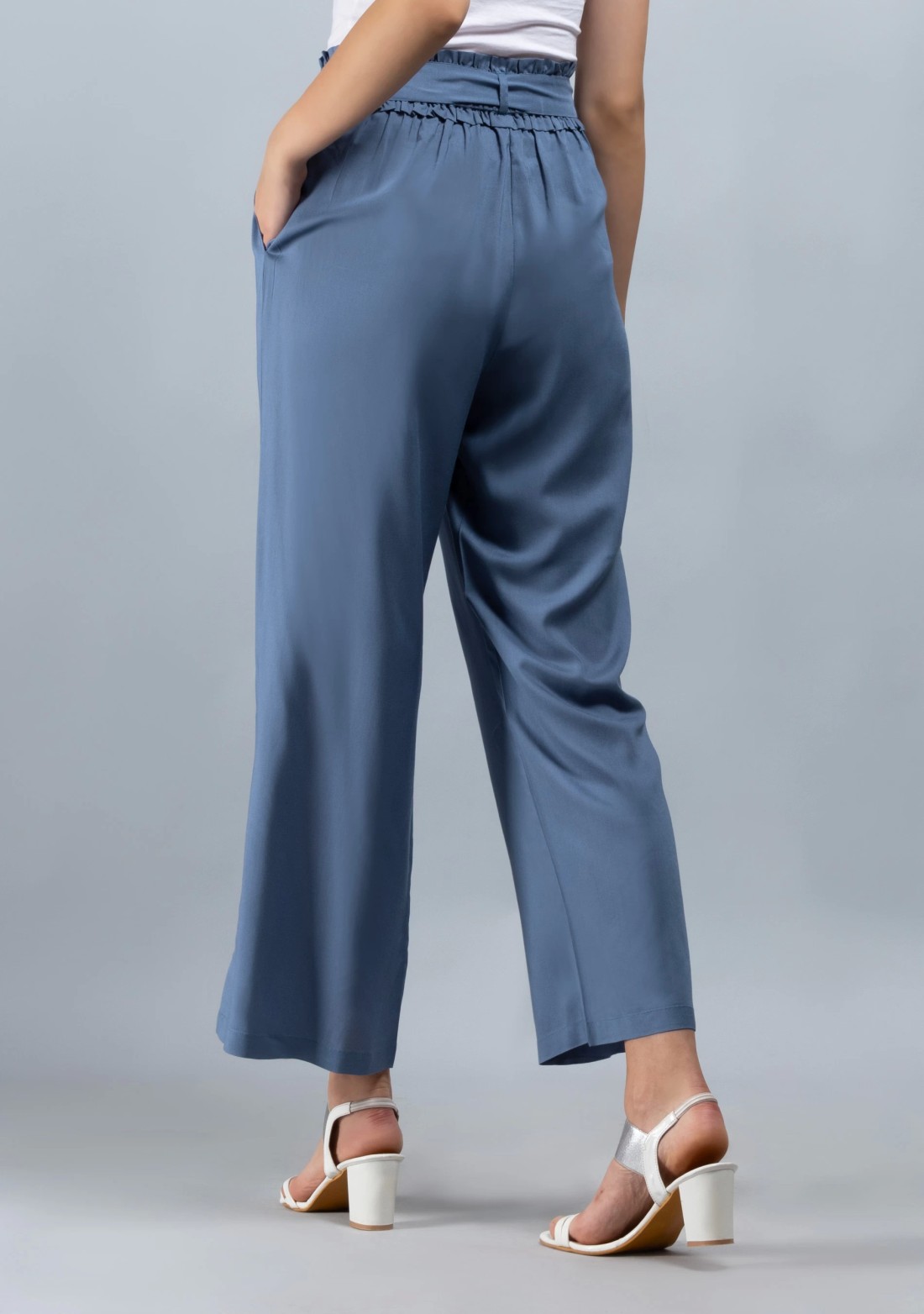 Grey Solid Viscose Rayon Ruffled Belt Palazzo Pants