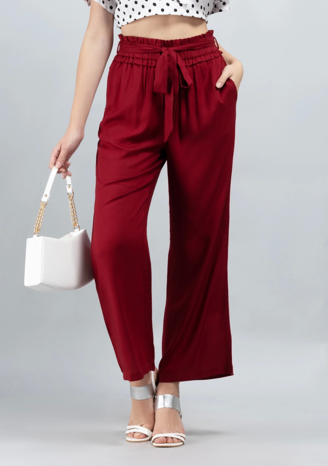 Maroon Solid Viscose Rayon Ruffled Belt Palazzo Pants