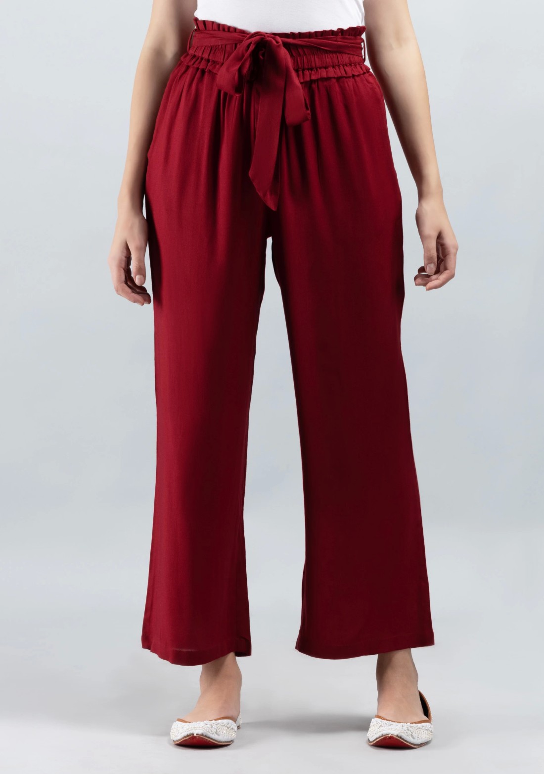 Maroon Solid Viscose Rayon Ruffled Belt Palazzo Pants