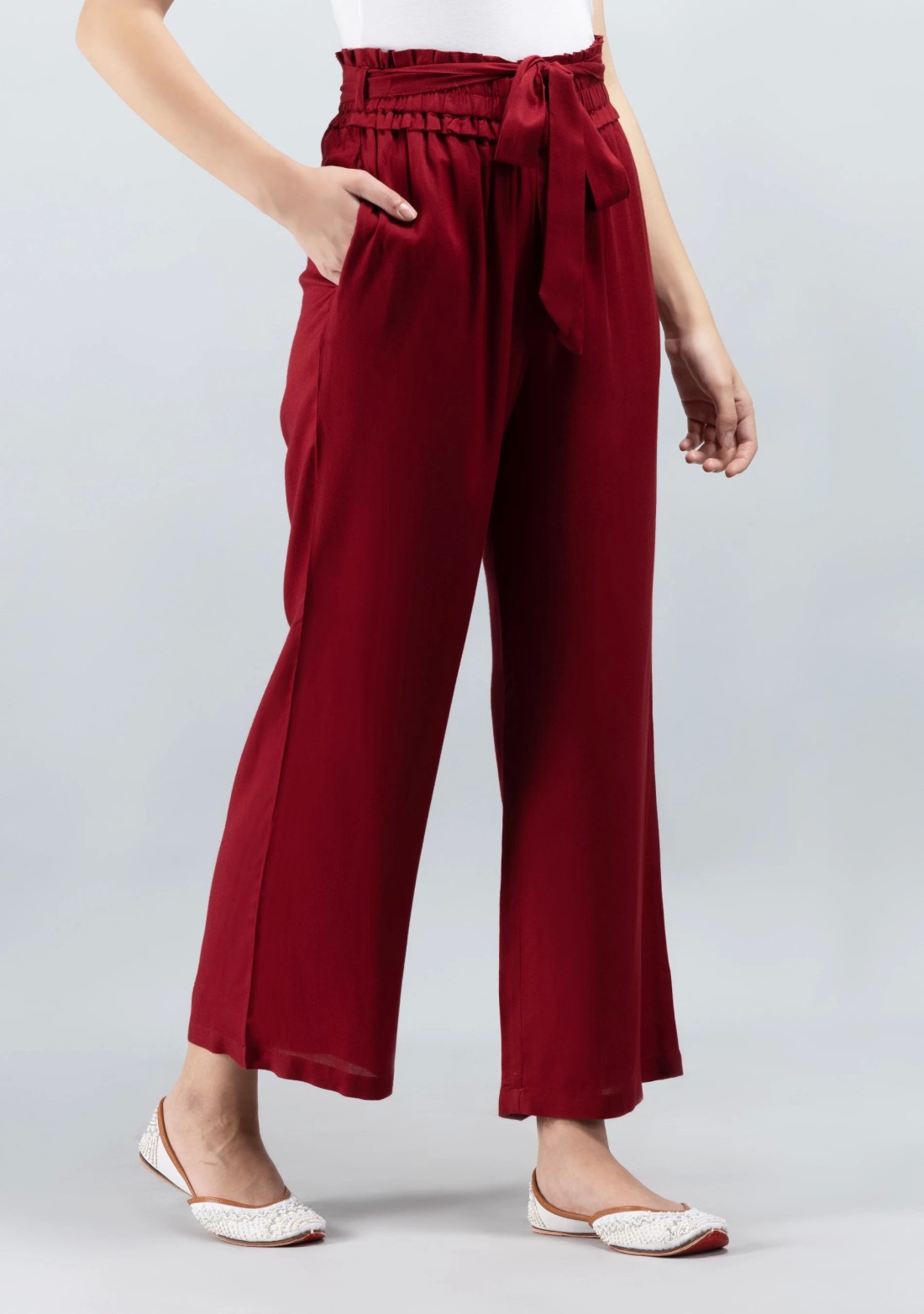 Maroon Solid Viscose Rayon Ruffled Belt Palazzo Pants